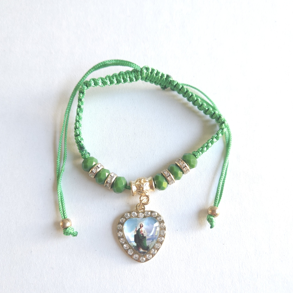 Green Beaded Bracelet with Heart Pendant San Judas
